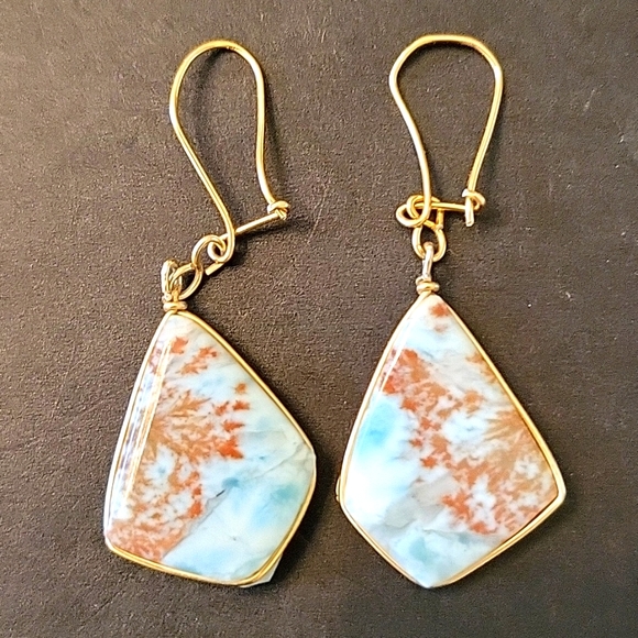 Natural Semi-Precious Stones Drop Earrings Coastal Blue & Brown - Picture 3 of 11